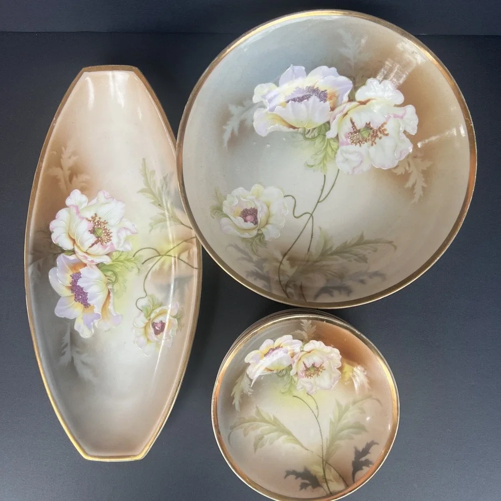 Antique RS Germany 3 Crown Berry Bowl 8 Pc Set Raised Enamel Poppy Floral Gold